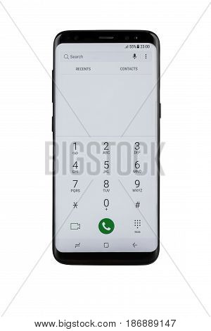 Varna, Bulgaria - May, 11, 2017: Studio Shot Of A Black Samsung Galaxy S8 Smartphone, With 12 Mp, F