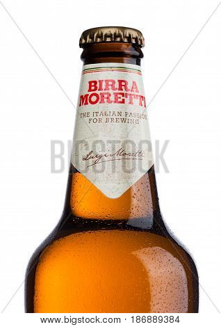 London, Uk - May 15, 2017: Bottle Of Birra Moretti Beer On White, Italian Brewing Company, Founded I