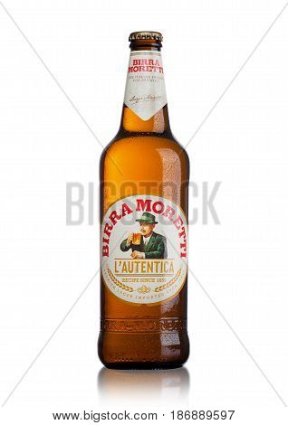 London, Uk - May 15, 2017: Bottle Of Birra Moretti Beer On White, Italian Brewing Company, Founded I