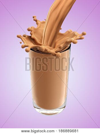 Splash of chocolate milk from the glass .Pink background. 3d rendering
