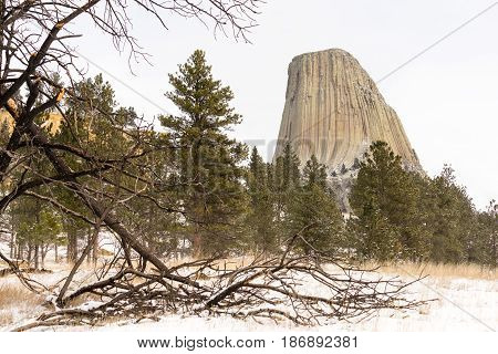 A cold winter day at Devil's Tower monument in the northern state of Wyoming