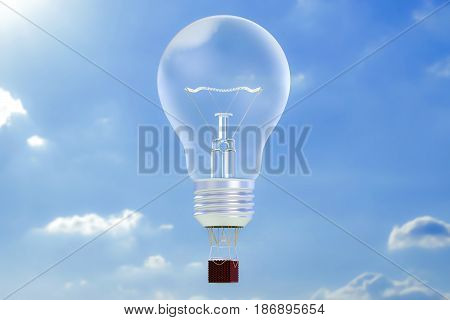 Business concept. Hot air balloon lightbulb aerostat in the blue sky. 3D rendering