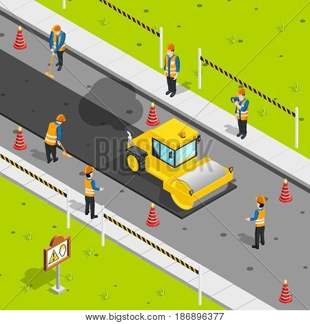 Construction icons isometric composition with steam roller laying asphalt on roadway with safety cones and workers vector illustration