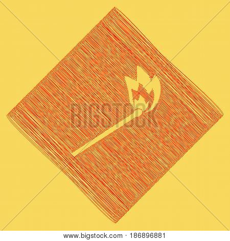 Match sign illustration. Vector. Red scribble icon obtained as a result of subtraction rhomb and path. Royal yellow background.