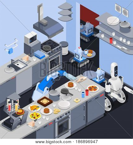 Robot isometric professions composition with robotic manipulator cook and waiters serving food in restaurant kitchen interior vector illustration