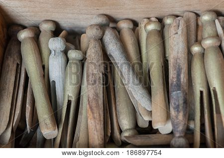 Box of old clothespins found in an antique store