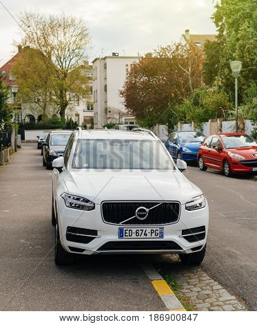 PARIS FRANCE - APR 2 2017: Luxury white Volvo XC90 the luxury crossover SUV manufactured and marketed by Volvo Cars