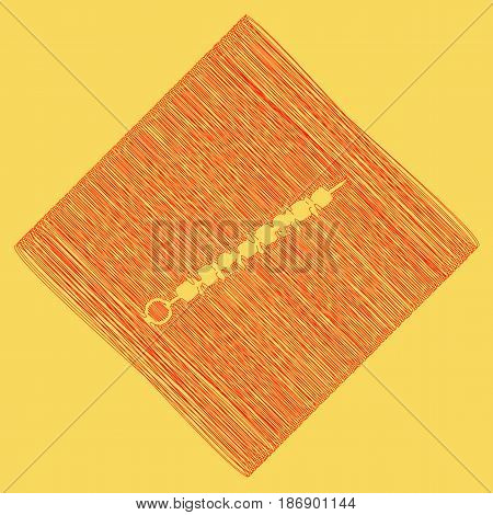 Shish kebab on skewers sign. Vector. Red scribble icon obtained as a result of subtraction rhomb and path. Royal yellow background.
