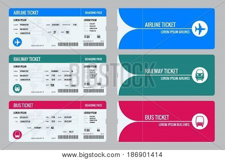 Set of tickets airplane, bus and train. Travel around the world and countries. Recreation and entertainment. Business trip. Vector isometric illustration. Isolated on white background. Vector design.