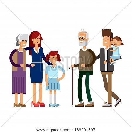 Flat illustration multi-generation family. Family portrait. Parents with their childrens. Grandmother, grandfather, mother, father, daughter, son Happy family together
