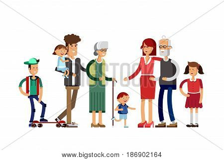 Flat illustration multi-generation family. Family portrait. Parents with their childrens. Grandmother, grandfather, mother, father, daughter, son Happy family together