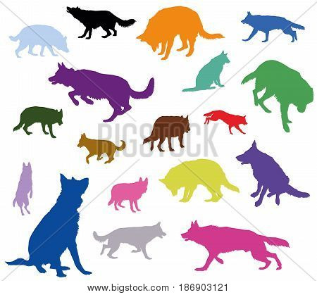 Set vector isolated silhouettes of colorful dogs (German shepherd dog) cut out on white background