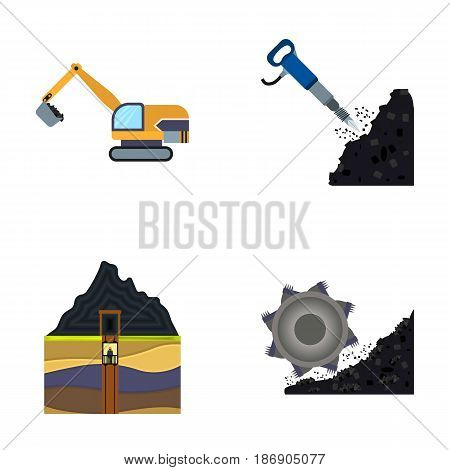 Excavator, tunnel, elevator, coal harvester and other equipment.Mine set collection icons in cartoon style vector symbol stock illustration .