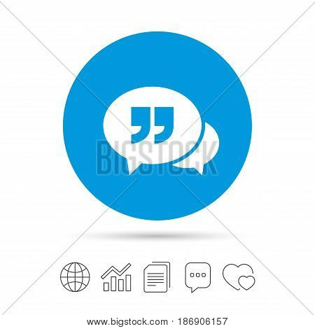 Chat Quote sign icon. Quotation mark symbol. Double quotes at the end of words. Copy files, chat speech bubble and chart web icons. Vector