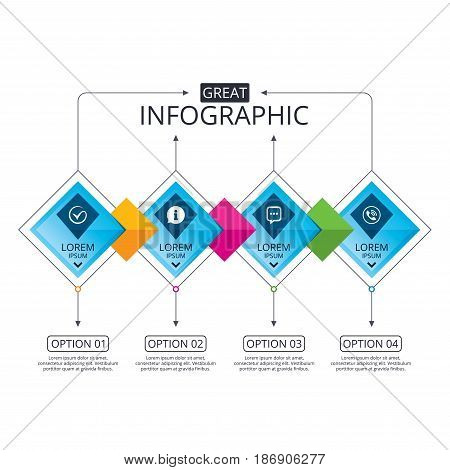 Infographic flowchart template. Business diagram with options. Check or Tick icon. Phone call and Information signs. Support communication chat bubble symbol. Timeline steps. Vector