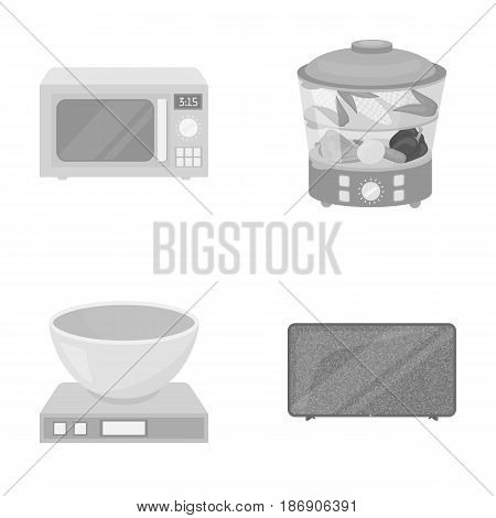 Steamer, microwave oven, scales, lcd tv.Household set collection icons in monochrome style vector symbol stock illustration .