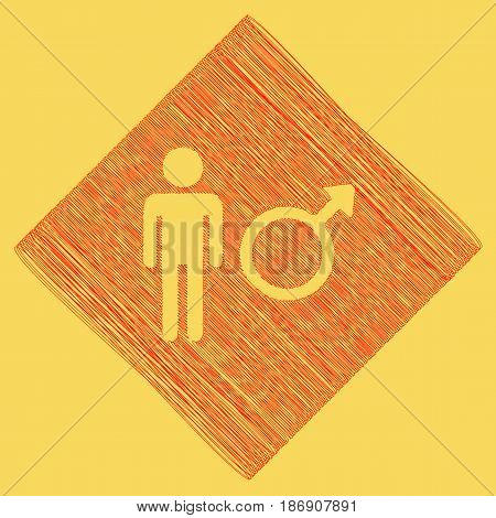 Male sign illustration. Vector. Red scribble icon obtained as a result of subtraction rhomb and path. Royal yellow background.