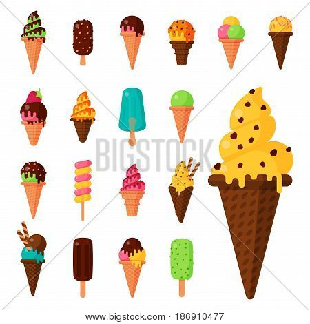 Sweet cartoon cold ice cream set and tasty frozen icecream collection vector delicious colorful desserts. Chocolate and milk party wafer dairy product sugar scoop vanilla tasty fruit topping.