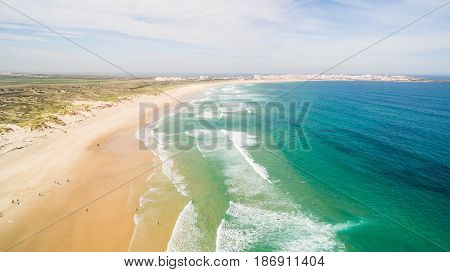 Aerial view of surfing in Baleal near Peniche, Portugal