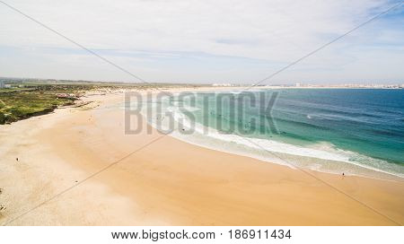 Aerial view of surfing in Baleal near Peniche, Portugal