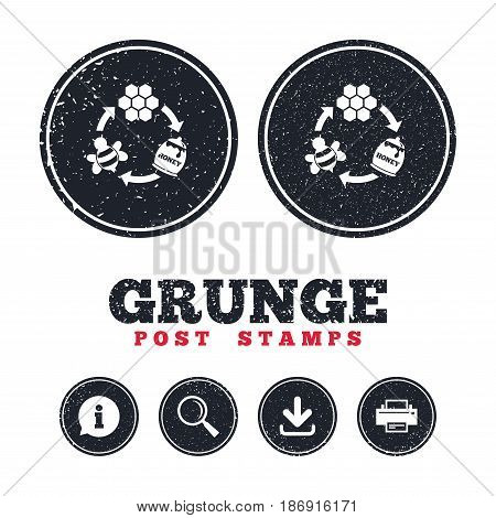 Grunge post stamps. Producing honey and beeswax sign icon. Honeycomb cells symbol. Honey in pot. Sweet natural food cycle in nature. Information, download and printer signs. Aged texture web buttons