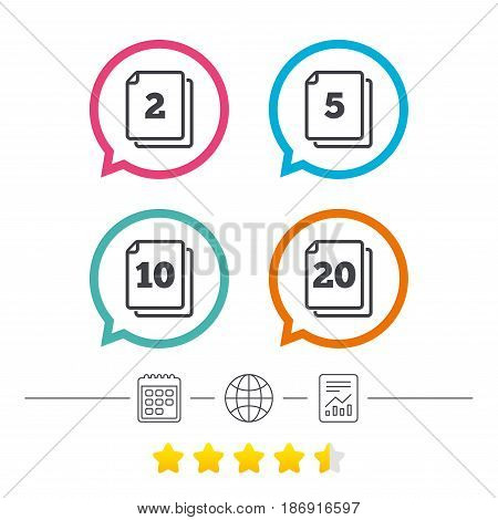 In pack sheets icons. Quantity per package symbols. 2, 5, 10 and 20 paper units in the pack signs. Calendar, internet globe and report linear icons. Star vote ranking. Vector