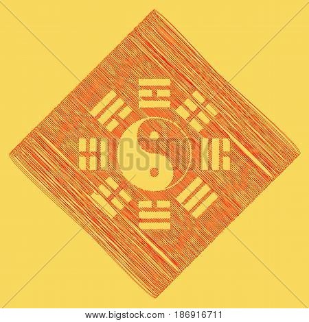 Yin and yang sign with bagua arrangement. Vector. Red scribble icon obtained as a result of subtraction rhomb and path. Royal yellow background.