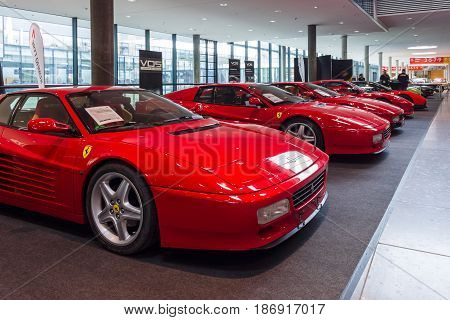 STUTTGART GERMANY - MARCH 03 2017: The various modifications of sports cars Ferrari Testarossa and F512 TR. Europe's greatest classic car exhibition 
