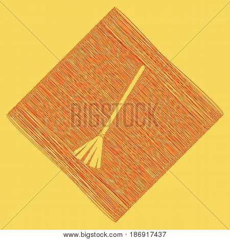 Sweeping broom sign. Vector. Red scribble icon obtained as a result of subtraction rhomb and path. Royal yellow background.