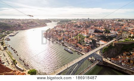 Aerial view over Porto's old town, Ribeira, Duoro river the and the Porto Bridge Luiz I Bridge , 17 May 2017