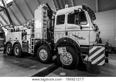 STUTTGART GERMANY - MARCH 03 2017: Heavy duty truck Mercedes-Benz 4850 AS 8x8 1985. Black and white. Europe's greatest classic car exhibition 