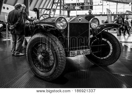 STUTTGART GERMANY - MARCH 03 2017: Retro car Lancia Lambda Serie 8 Torpedo 1928. Black and white. Europe's greatest classic car exhibition 