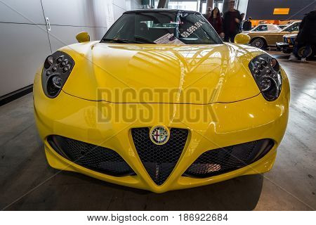 STUTTGART GERMANY - MARCH 03 2017: Sports car Alfa Romeo 4C Spider (Type 960) 2015. Europe's greatest classic car exhibition 