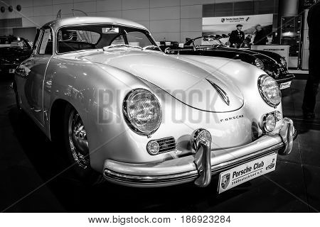 STUTTGART GERMANY - MARCH 03 2017: Luxury sports car Porsche 356 1955. Black and white. Europe's greatest classic car exhibition "RETRO CLASSICS"