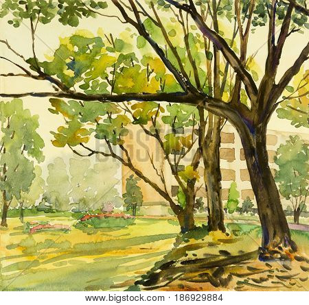 Watercolor painting original landscape colorful of big tree and field 