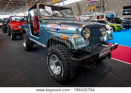 STUTTGART GERMANY - MARCH 03 2017: Compact sport utility vehicle Jeep CJ7 1980. Europe's greatest classic car exhibition 