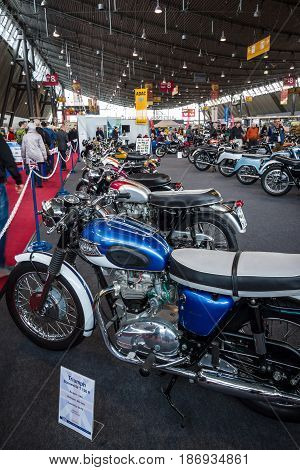 STUTTGART GERMANY - MARCH 03 2017: Exhibition pavilion with various motorcycles. Europe's greatest classic car exhibition "RETRO CLASSICS"