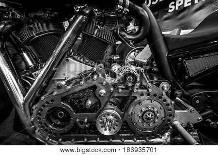 STUTTGART GERMANY - MARCH 03 2017: Engine of the world's biggest motorcycle Leonhardt Gunbus 410. Black and white. Europe's greatest classic car exhibition "RETRO CLASSICS"
