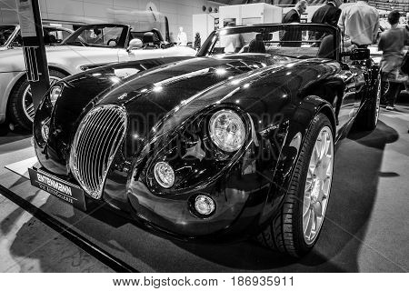 STUTTGART GERMANY - MARCH 03 2017: Roadster Wiesmann MF3 1998. Black and white. Europe's greatest classic car exhibition 