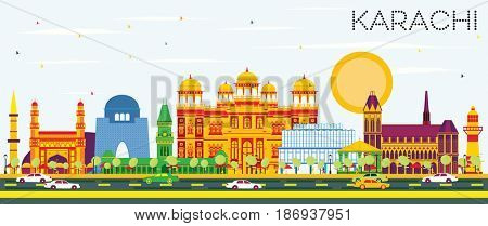 Karachi Skyline with Color Landmarks and Blue Sky. Business Travel and Tourism Concept with Historic Buildings. Image for Presentation Banner Placard and Web Site.