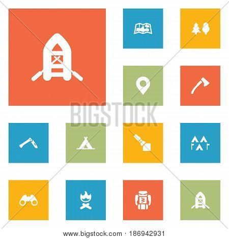 Set Of 12 Camping Icons Set.Collection Of Jackknife, Location, Inflatable Raft And Other Elements.