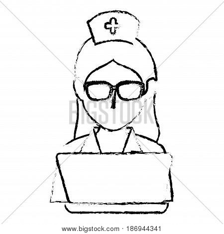 woman nurse with laptop avatar character vector illustration design