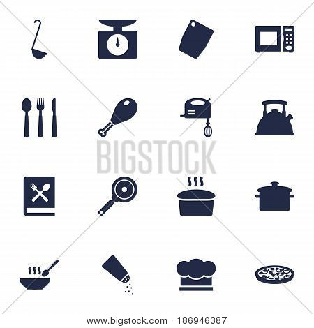 Set Of 16 Kitchen Icons Set.Collection Of Saucepan, Scoop, Weighing Machine And Other Elements.