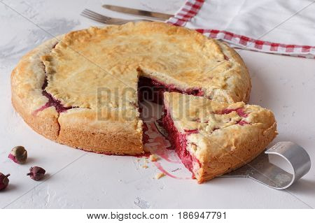 Fresh Homemade Cherry Pie On A White Background. Juicy Piece Of Cherry Pie.