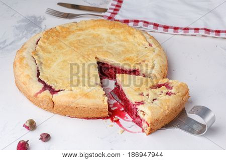 Fresh Homemade Cherry Pie On A White Background. Juicy Piece Of Cherry Pie.