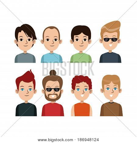 cartoon portrait young men group differents vector illustration