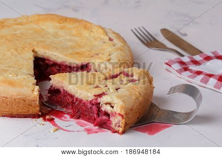 Fresh Homemade Cherry Pie On A White Background. Juicy Piece Of Cherry Pie.