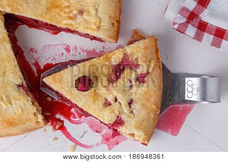 Fresh Homemade Cherry Pie On A White Background. Juicy Piece Of Cherry Pie.