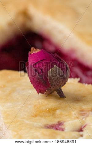 Fresh Home-made Cherry Pie. A Juicy Piece Of Cherry Pie Decorated With A Small Rose. Slice Of Pie Wi