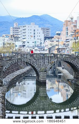 NAGASAKI JAPAN - FEB 22 2012 : Spectacles Bridge Nagasaki Attraction architecture Tourist spot